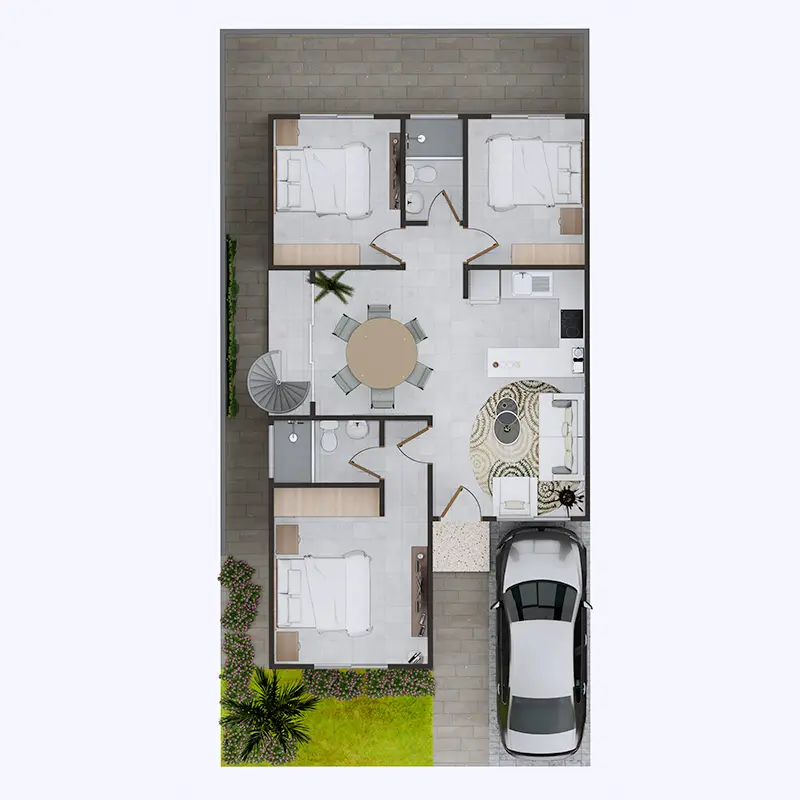 Vista isométrica de planta casa tipo 1 piso Urbanización Coral Bay