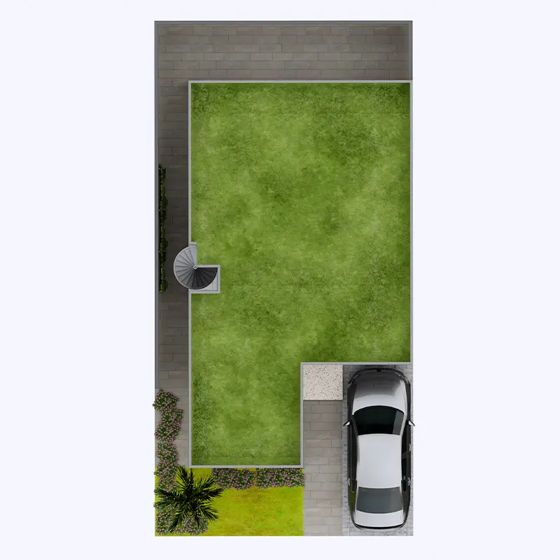 Vista isométrica de terraza casa tipo 1 piso Urbanización Coral Bay