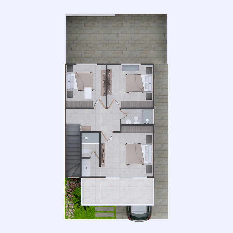 Vista isométrica de segunda planta, casa tipo 2 pisos Urbanización Coral Bay